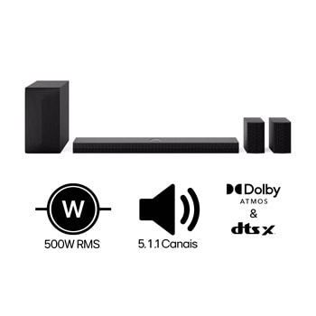 Home Theater Soundbar LG S70TR – Dolby Atmos, 500W RMS, 5.1.1 Canais, DTS X, Caixas Traseiras, AI Sound Pro, WOW Sinergy, Bluetooth 5.1, HDMI - S70TR