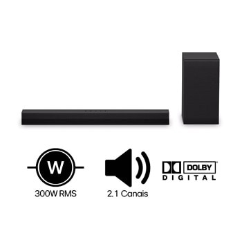 Soundbar LG S40T - 300W RMS, 2.1 Canais, Dolby Digital, Sem fios, Bluetooth 5.3, Entrada Óptica, HDMI, AI Sound Pro - S40T
