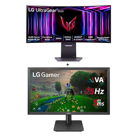 Monitor Gamer LG UltraGear OLED Curvo 34”, QHD,240Hz + Monitor Gamer LG 21,5'' VA Full HD 75Hz  - 34GS95QE.22MP410
